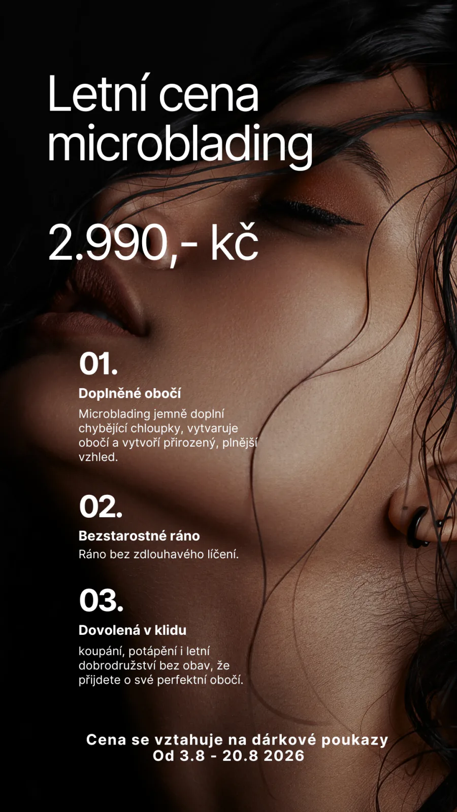 Letní akce: microblading za 2 990 Kč. Cena se vztahuje na dárkové poukazy od 3. 8. do 20. 8. 2026.